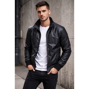21MEN Black Y2K Faux Leather Moto‎ Bomber Jacket Grunge Urban Streetwear Size L